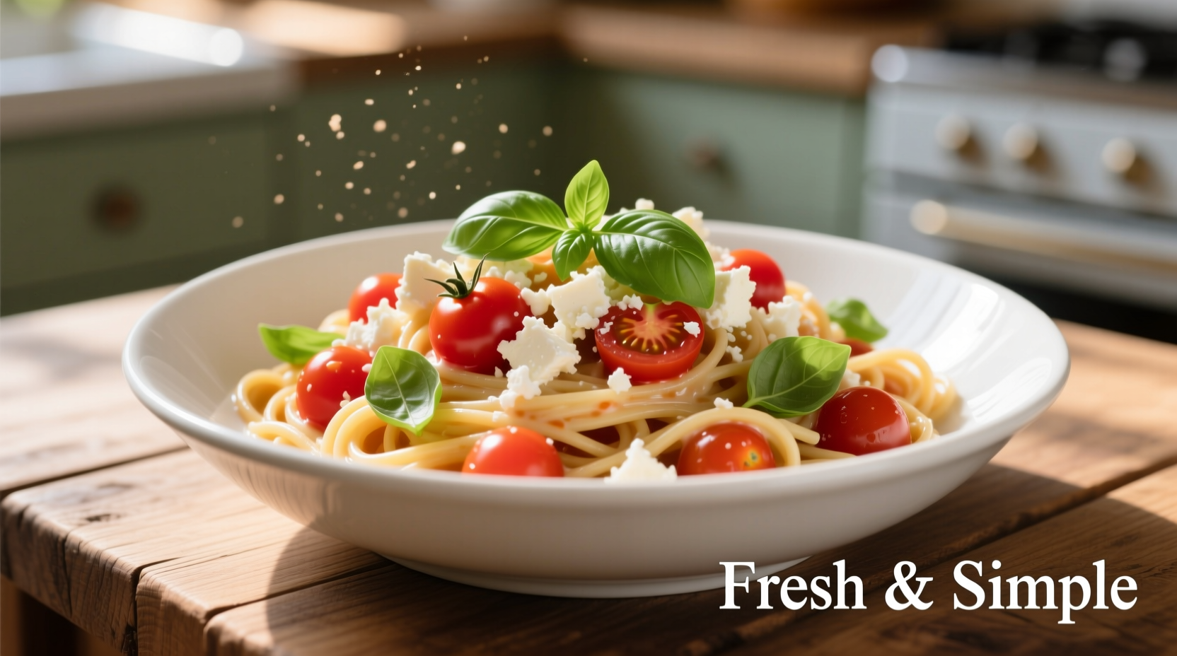 Creamy feta tomato pasta in white bowl with basil garnish