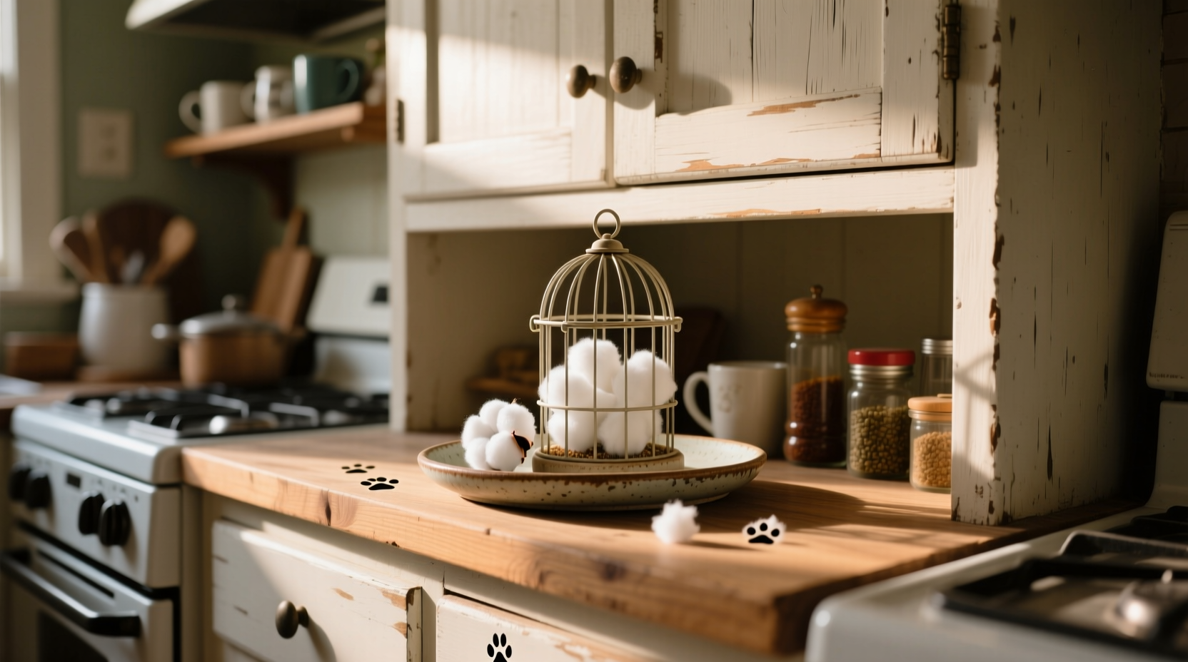 Cotton ball bait station placed behind kitchen cabinet