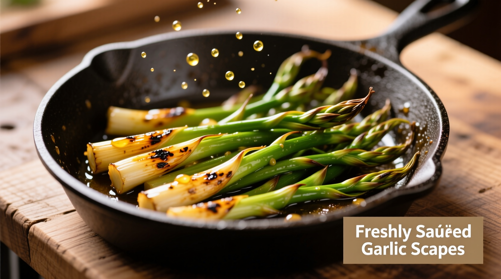 Freshly sautéed garlic scapes in skillet