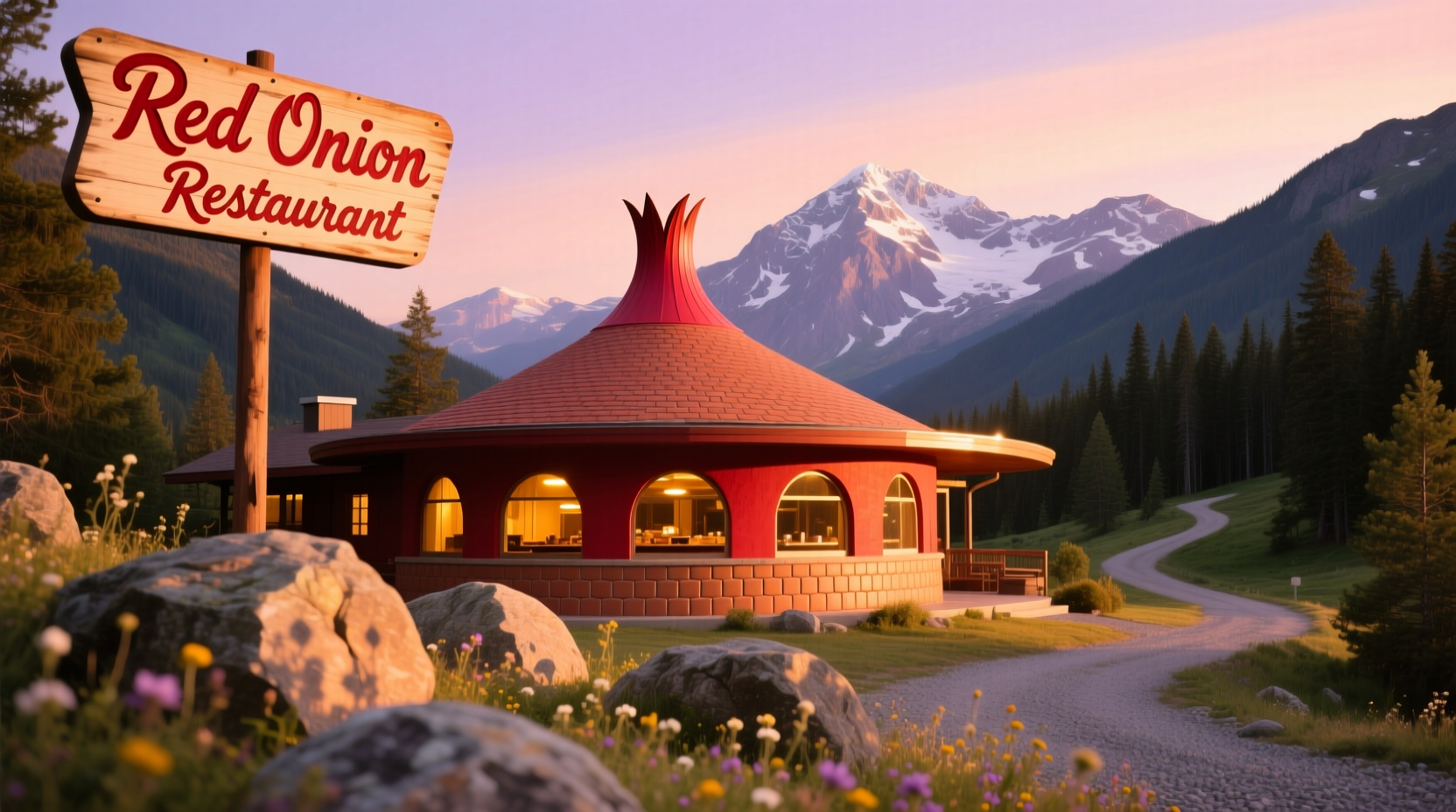 Red Onion Restaurant exterior with mountain backdrop