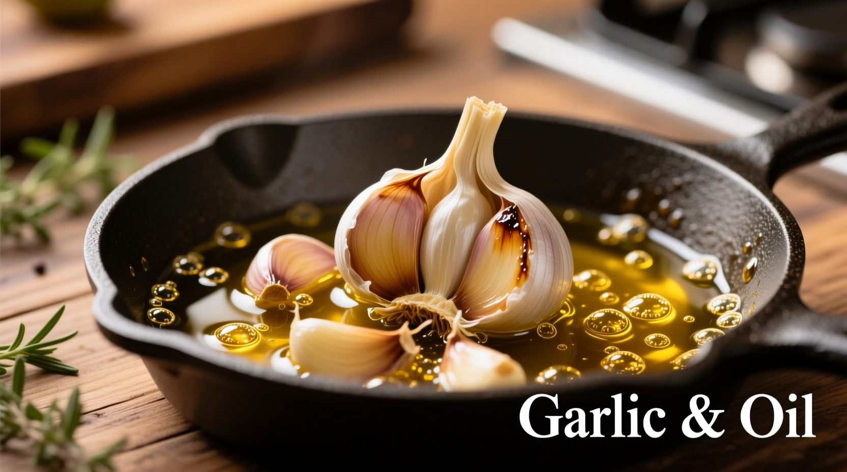 Fresh garlic cloves sizzling in olive oil