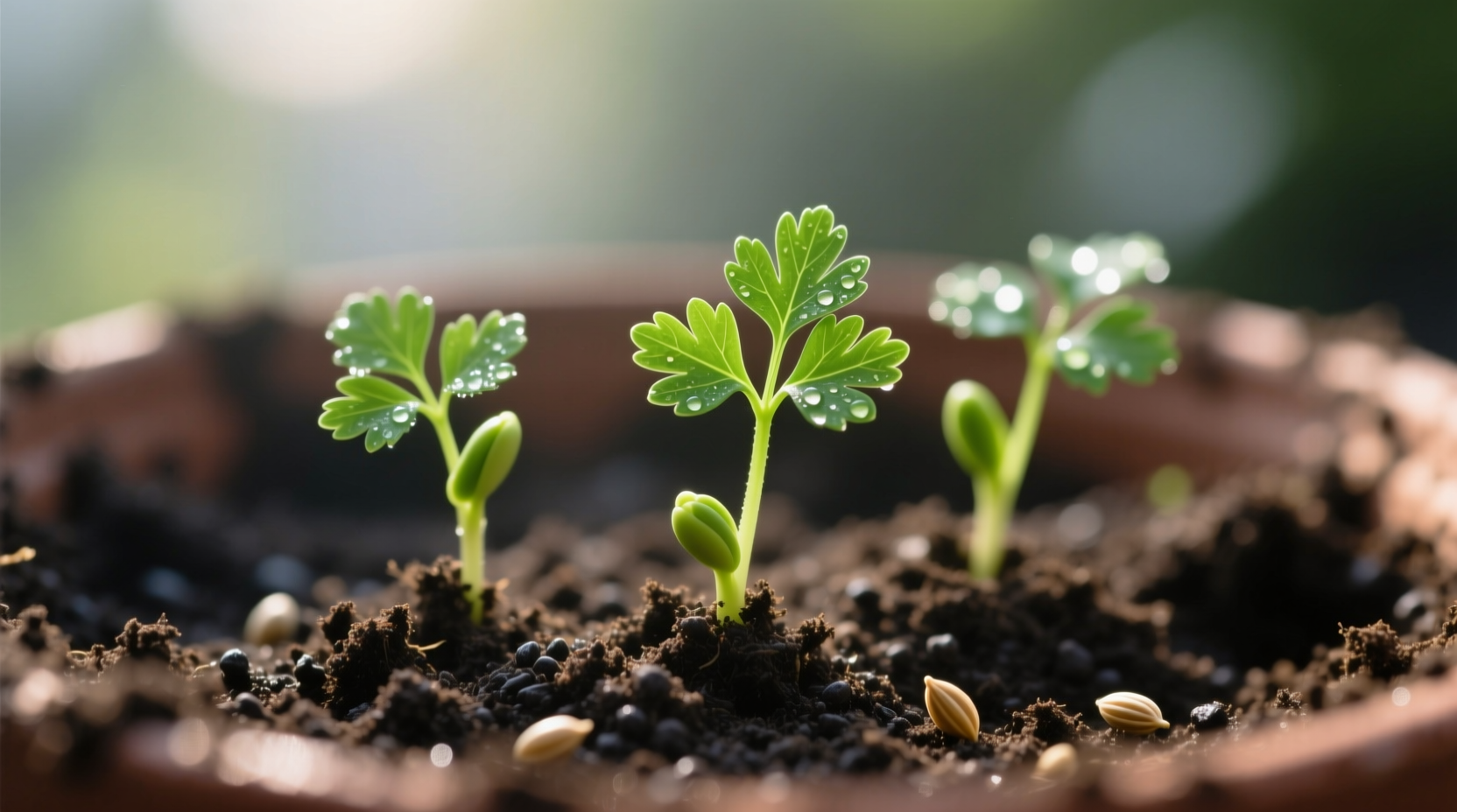 Close-up of young parsley seedlings in soil