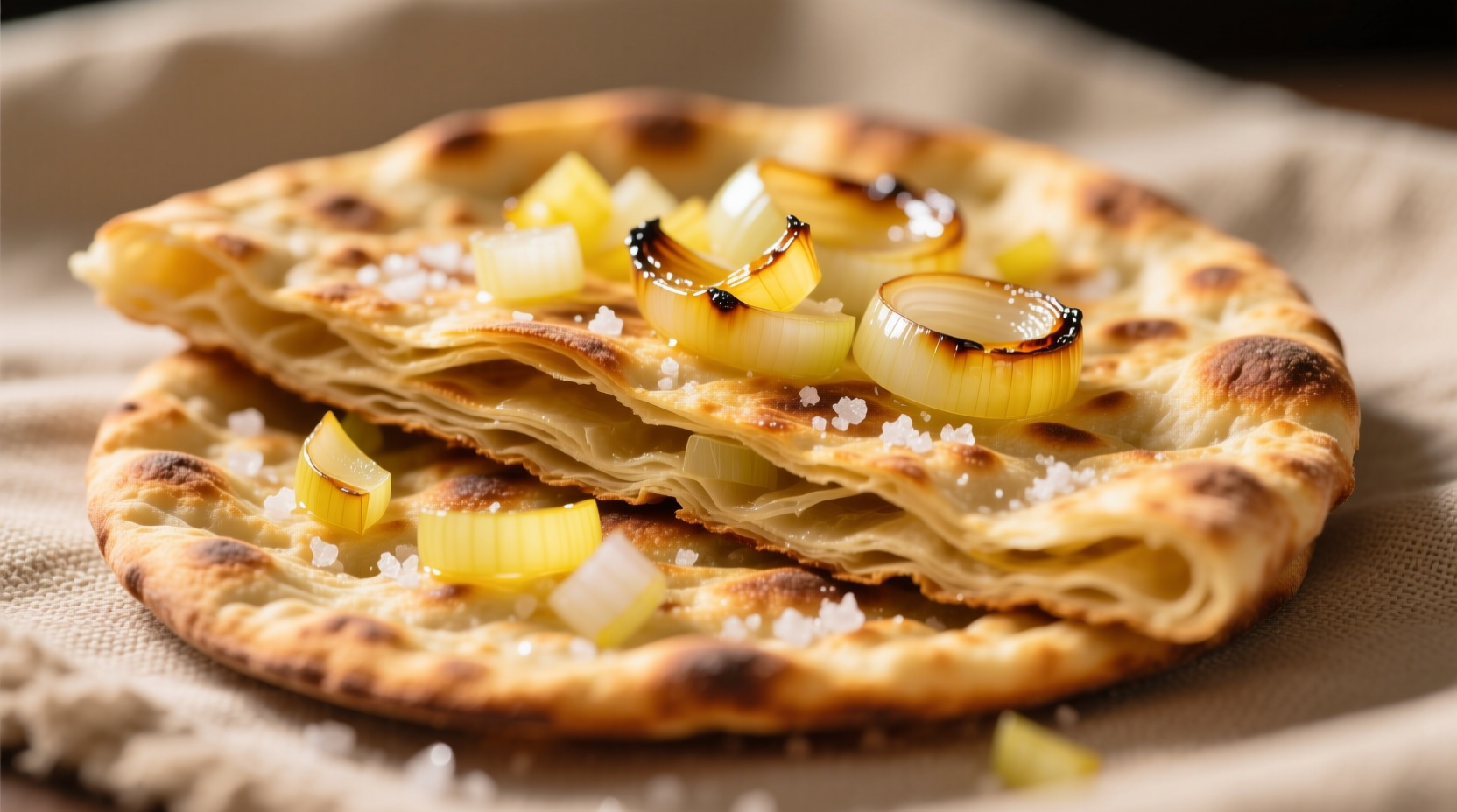 Golden crispy onion flatbread with visible flaky layers