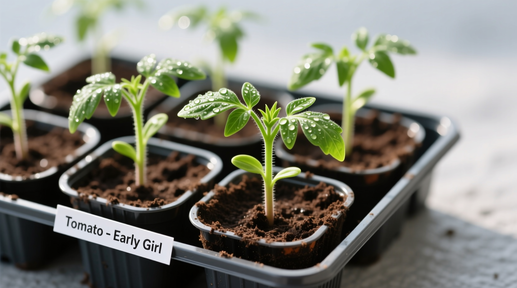 Healthy tomato seedlings in starter pots with proper spacing
