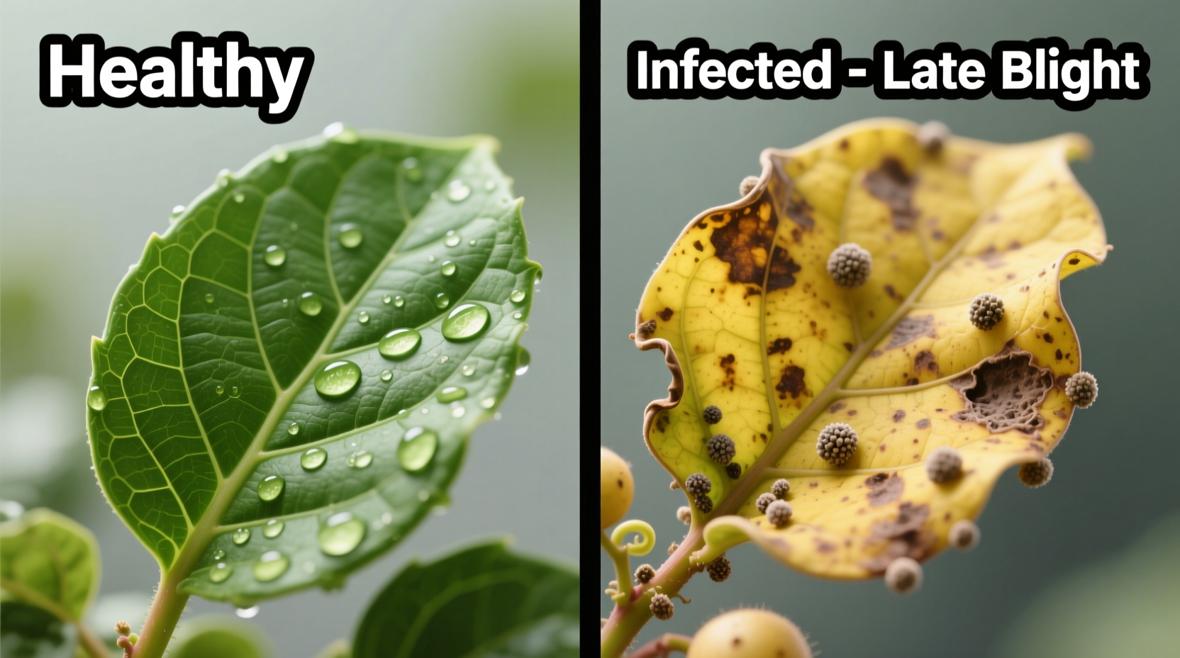 Close-up of healthy vs infected potato leaves