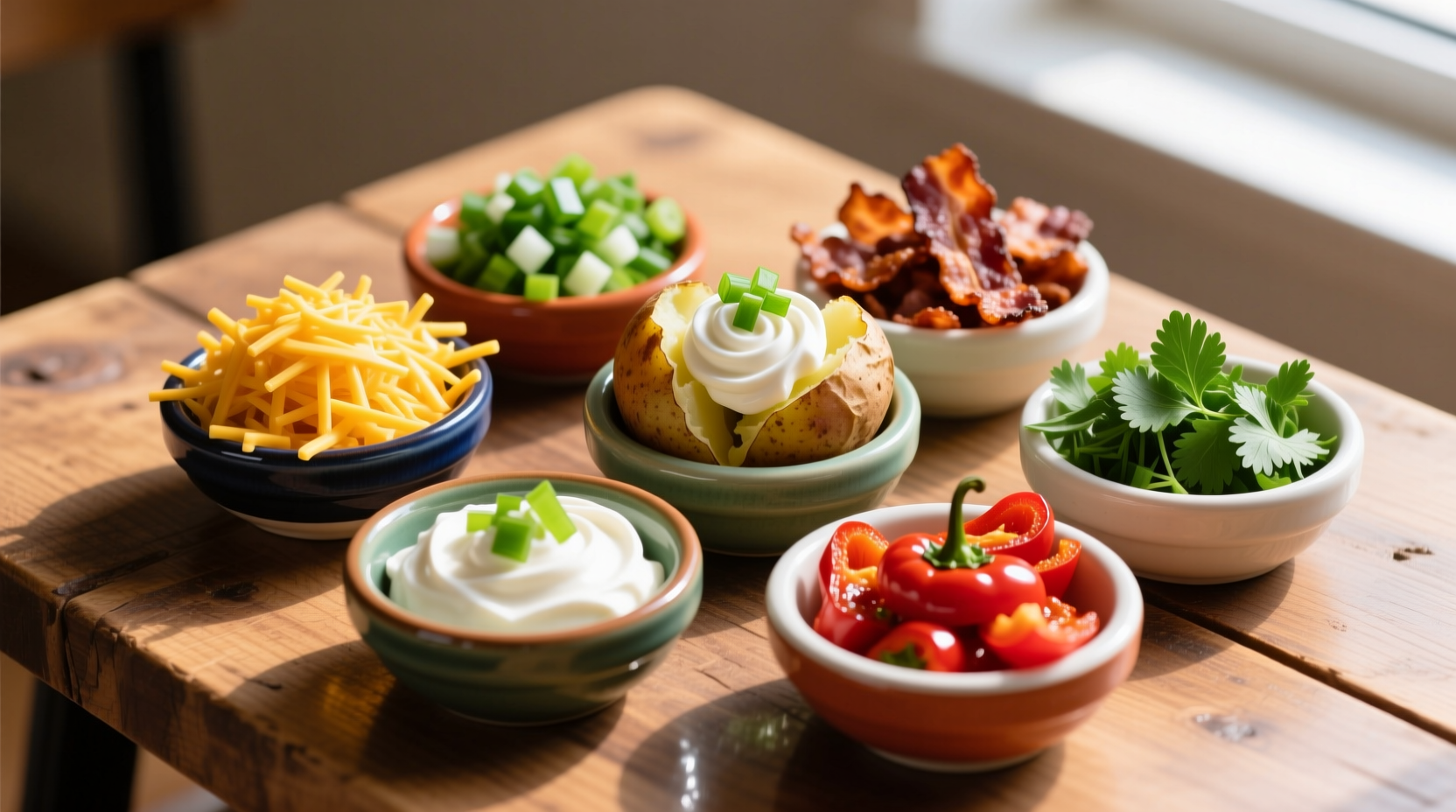 Colorful baked potato toppings arranged in small bowls