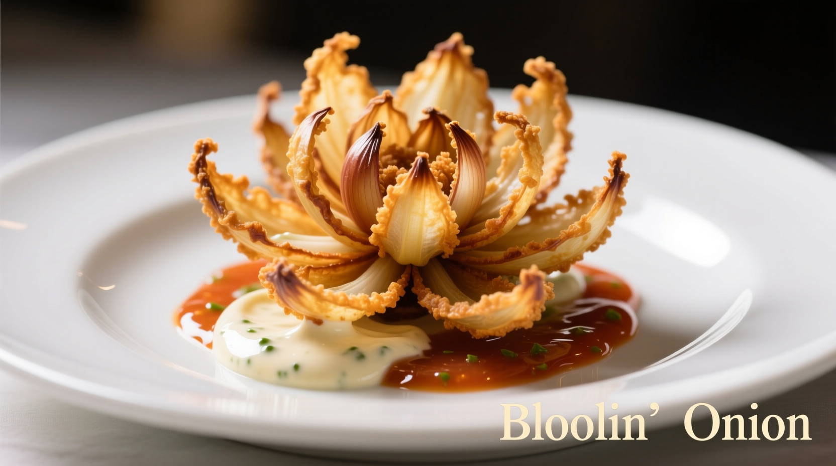 Bloomin Onion served with dipping sauces on white plate