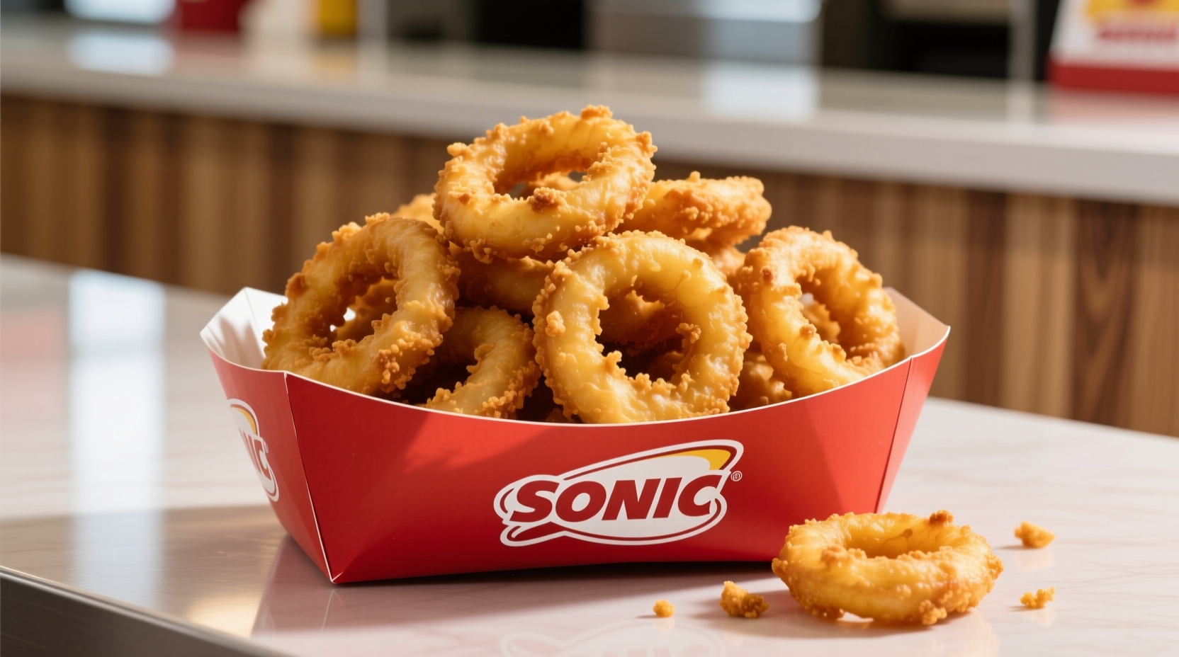 Golden brown Sonic onion rings served in a red basket