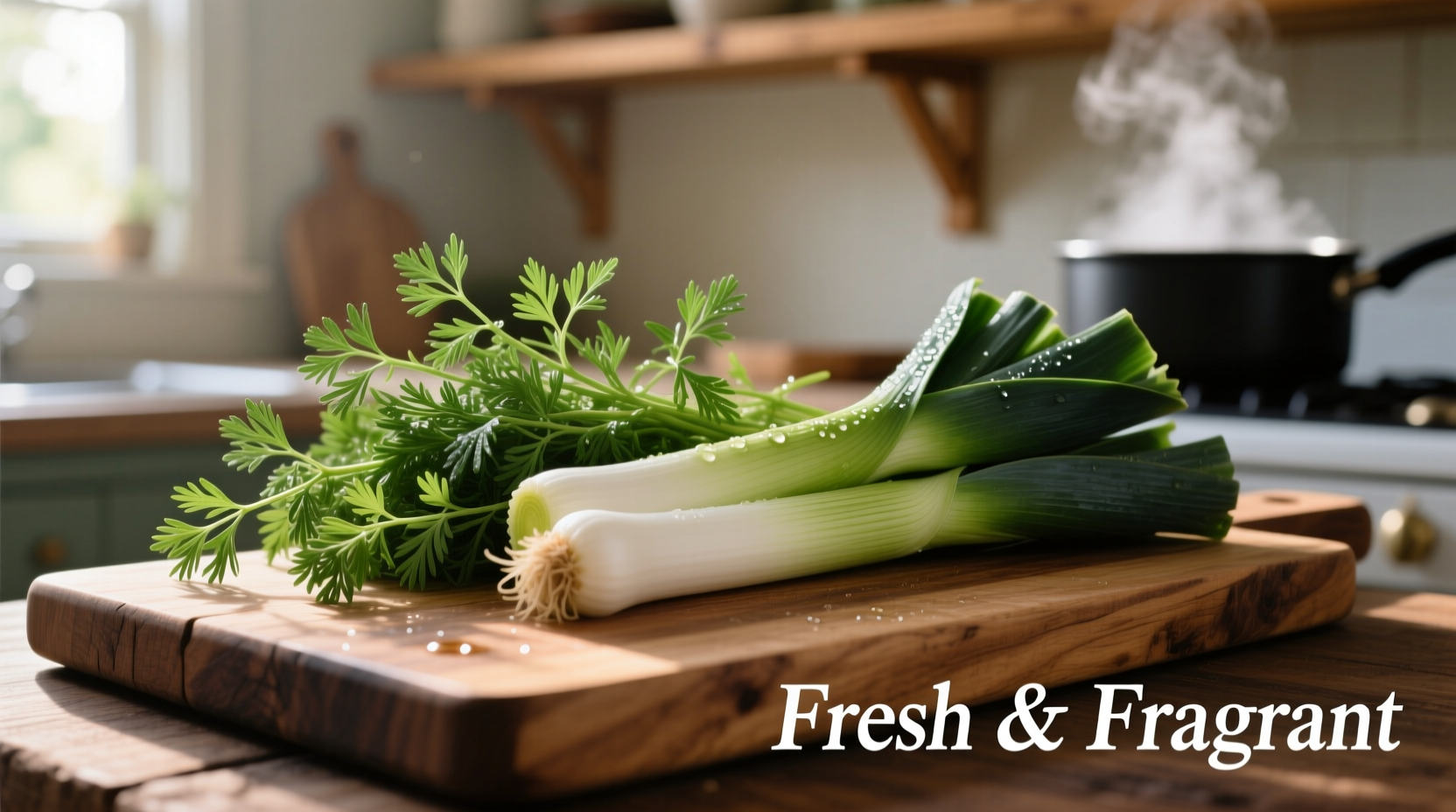Fresh tarragon and leeks on wooden cutting board