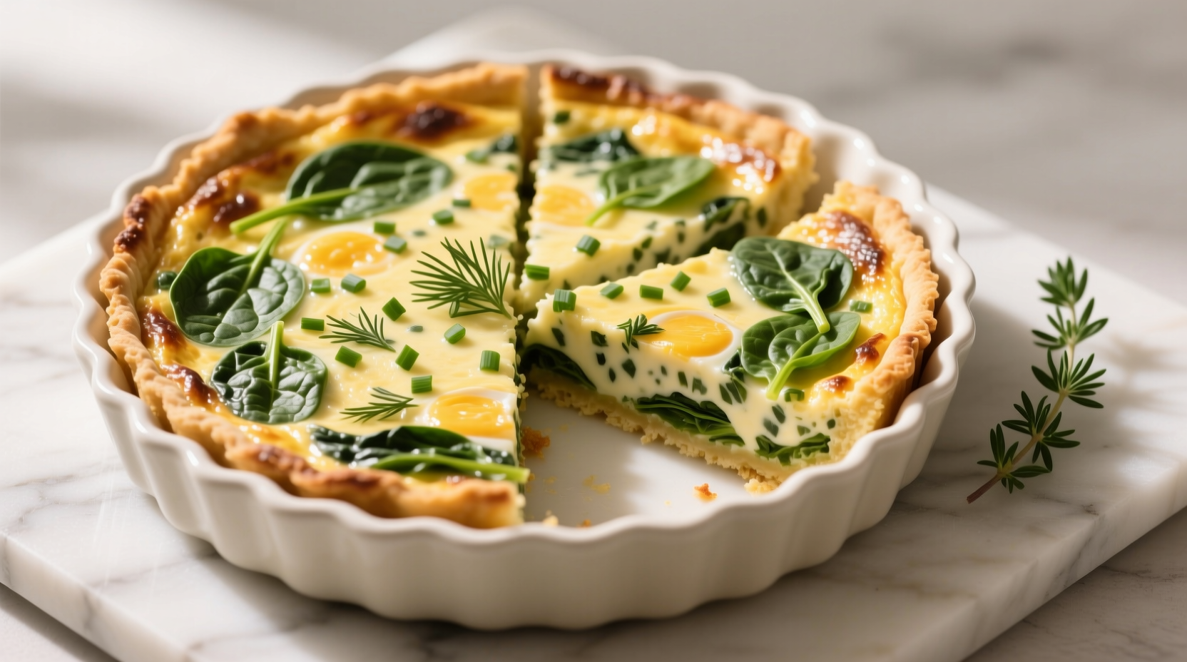 Golden crustless spinach quiche with fresh herbs