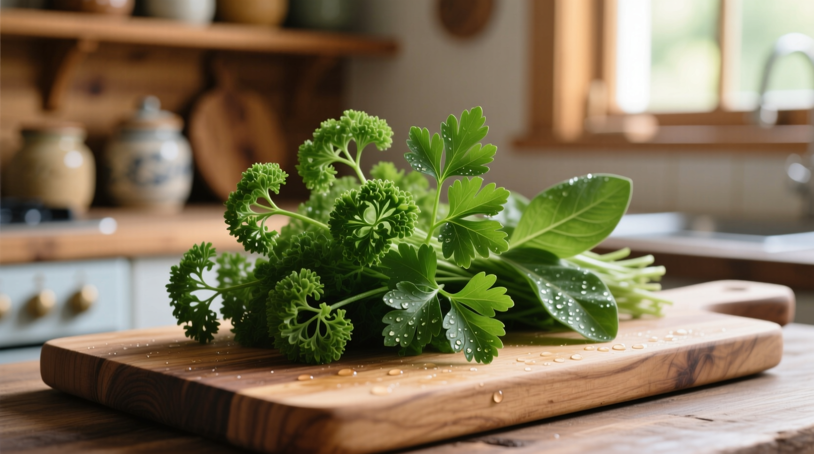 Fresh bunch of flat-leaf and curly parsley on wooden cutting board