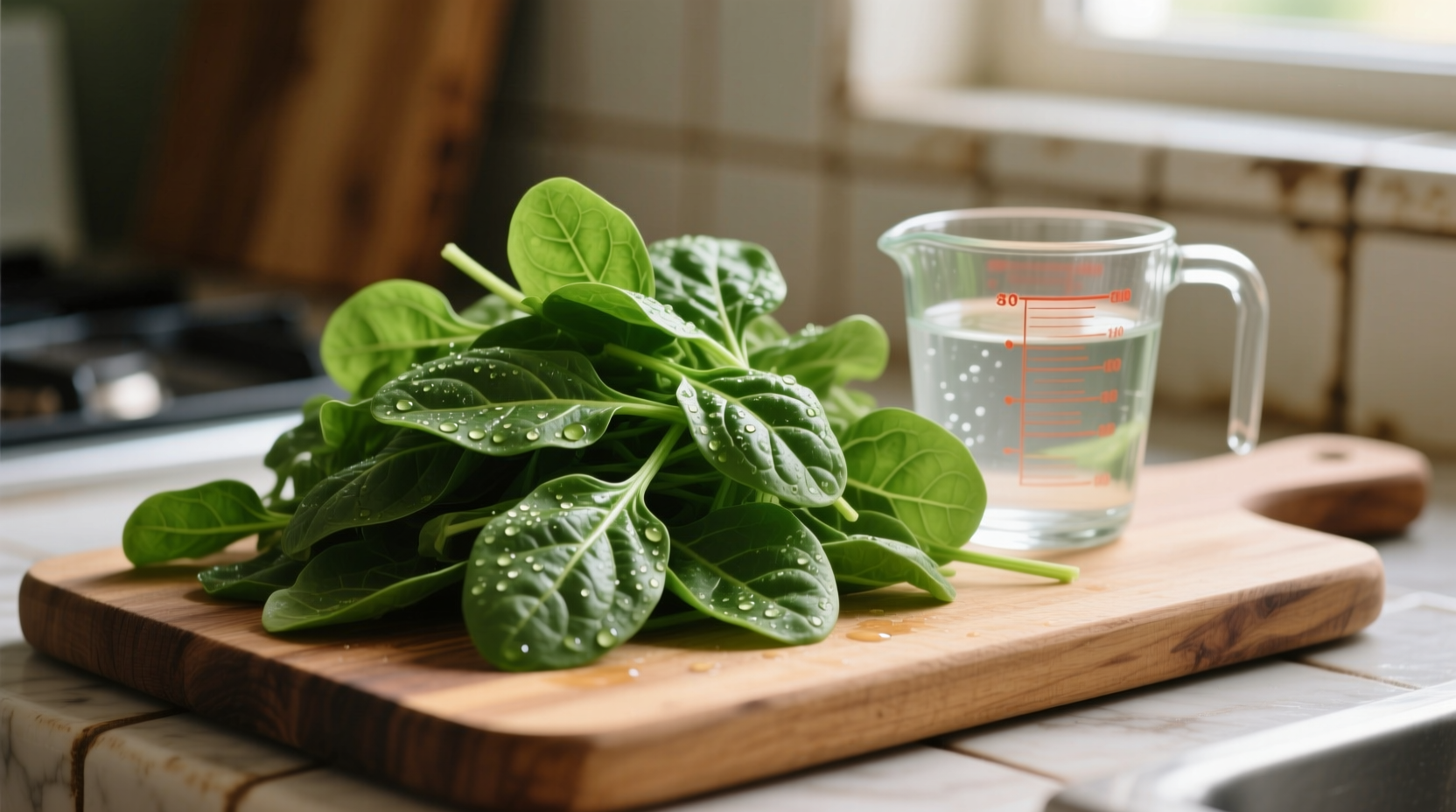 Fresh spinach leaves on wooden cutting board with measuring cup