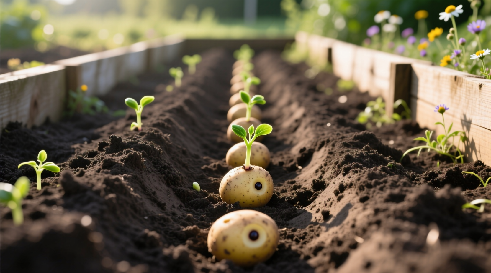 Seed potatoes properly spaced in garden trench