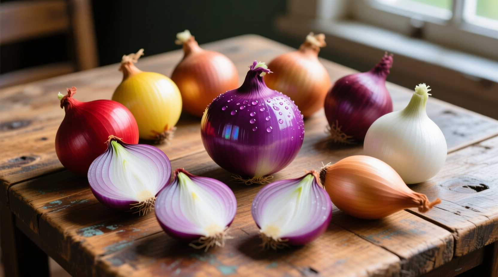 Colorful arrangement of different onion varieties on wooden table
