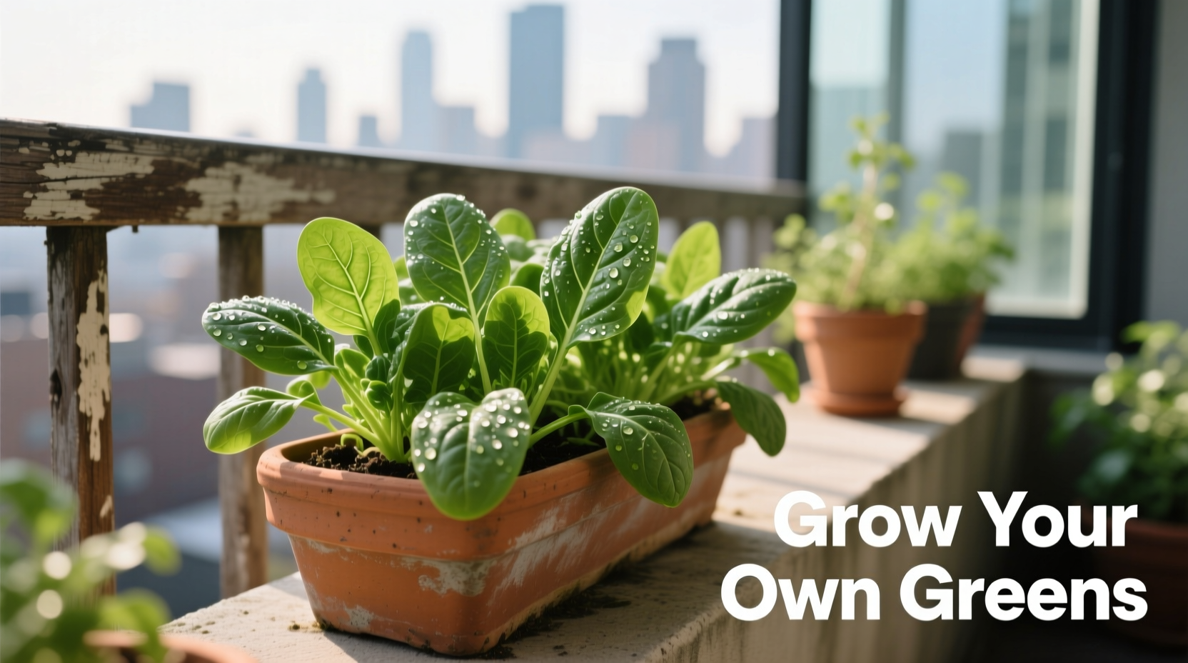 Spinach growing in container on balcony