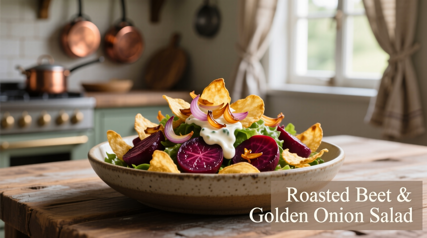 Golden onion crisps sprinkled over roasted beet salad
