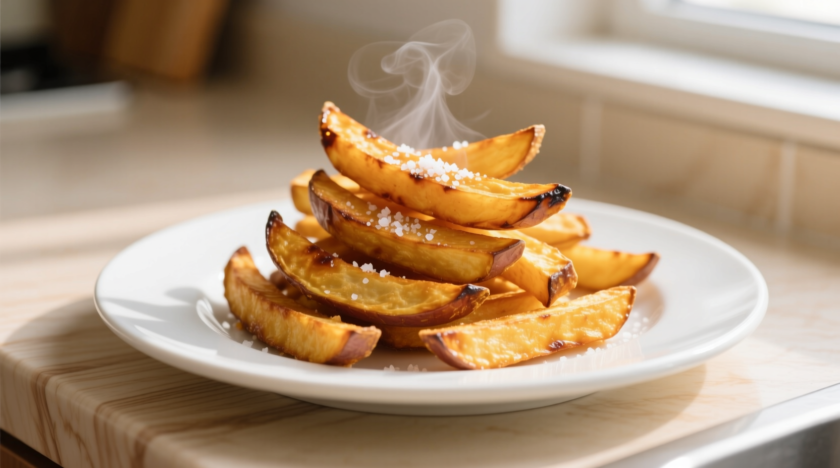 Perfectly golden crispy sweet potato fries on white plate