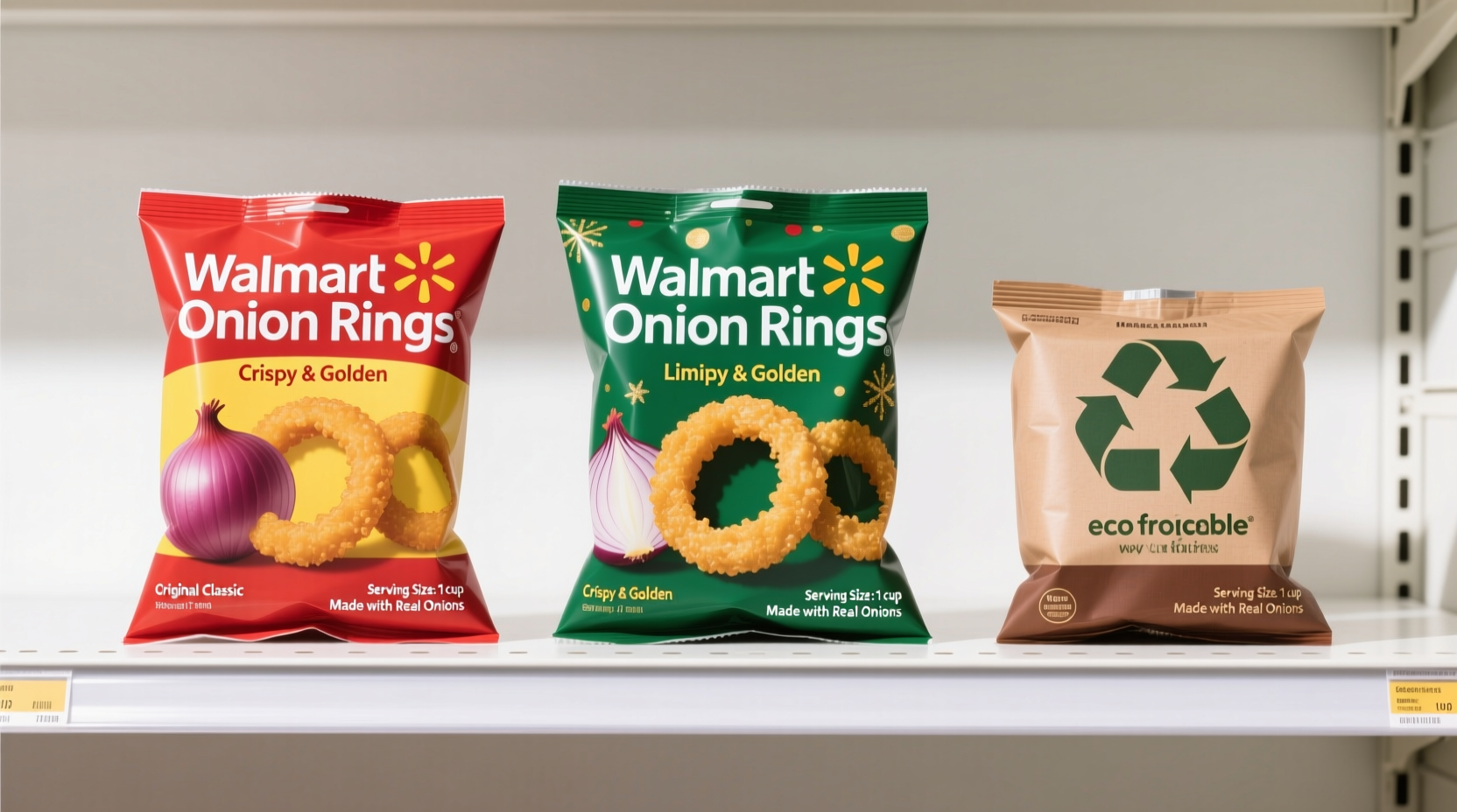 Walmart onion rings packaging comparison on grocery shelf