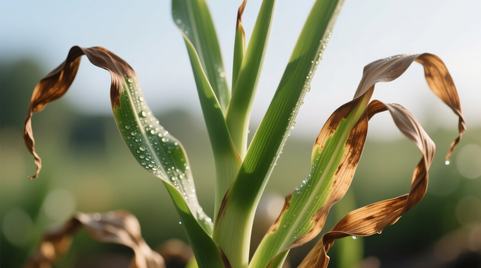 Close-up of mature garlic plant showing brown leaf tips