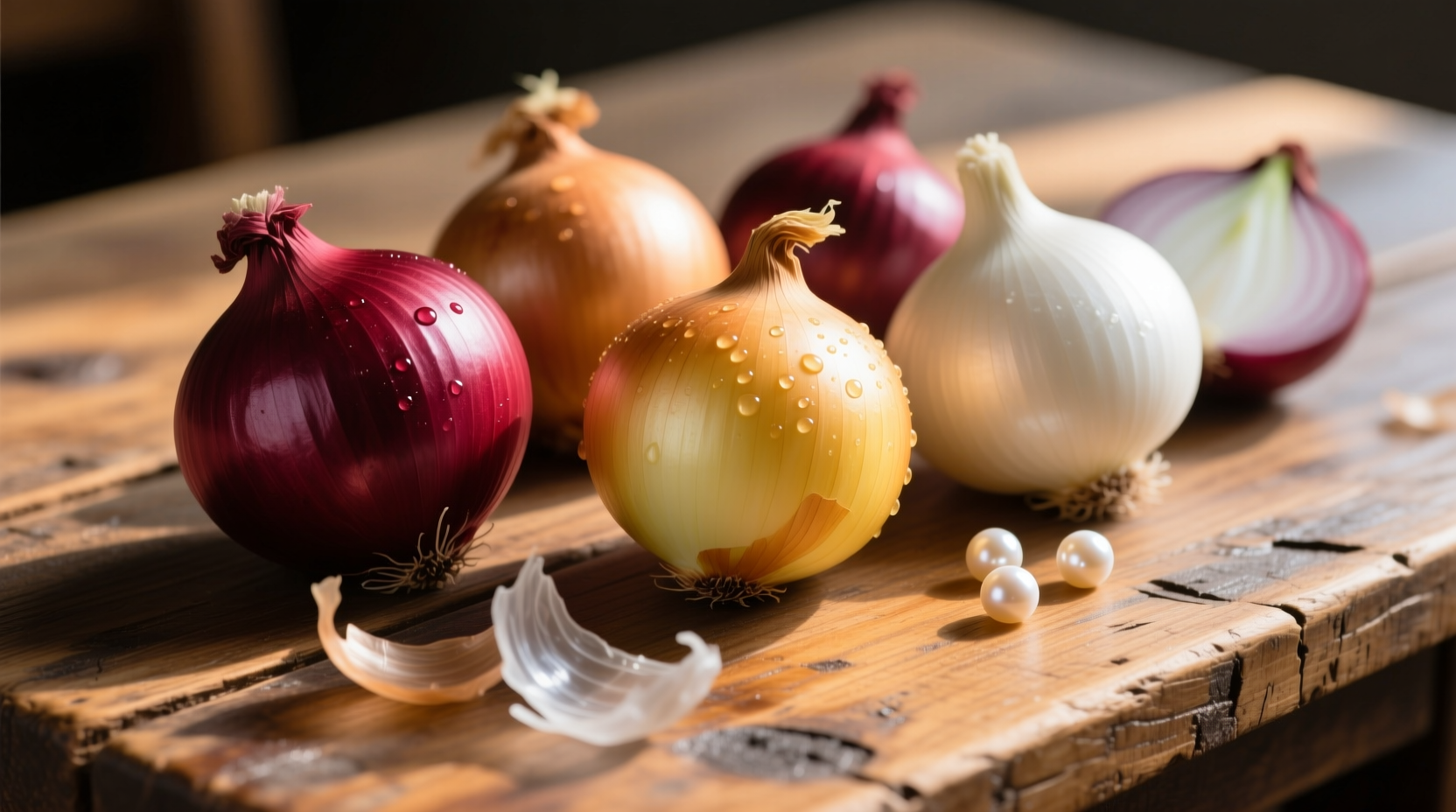 Close-up of different onion varieties on wooden table