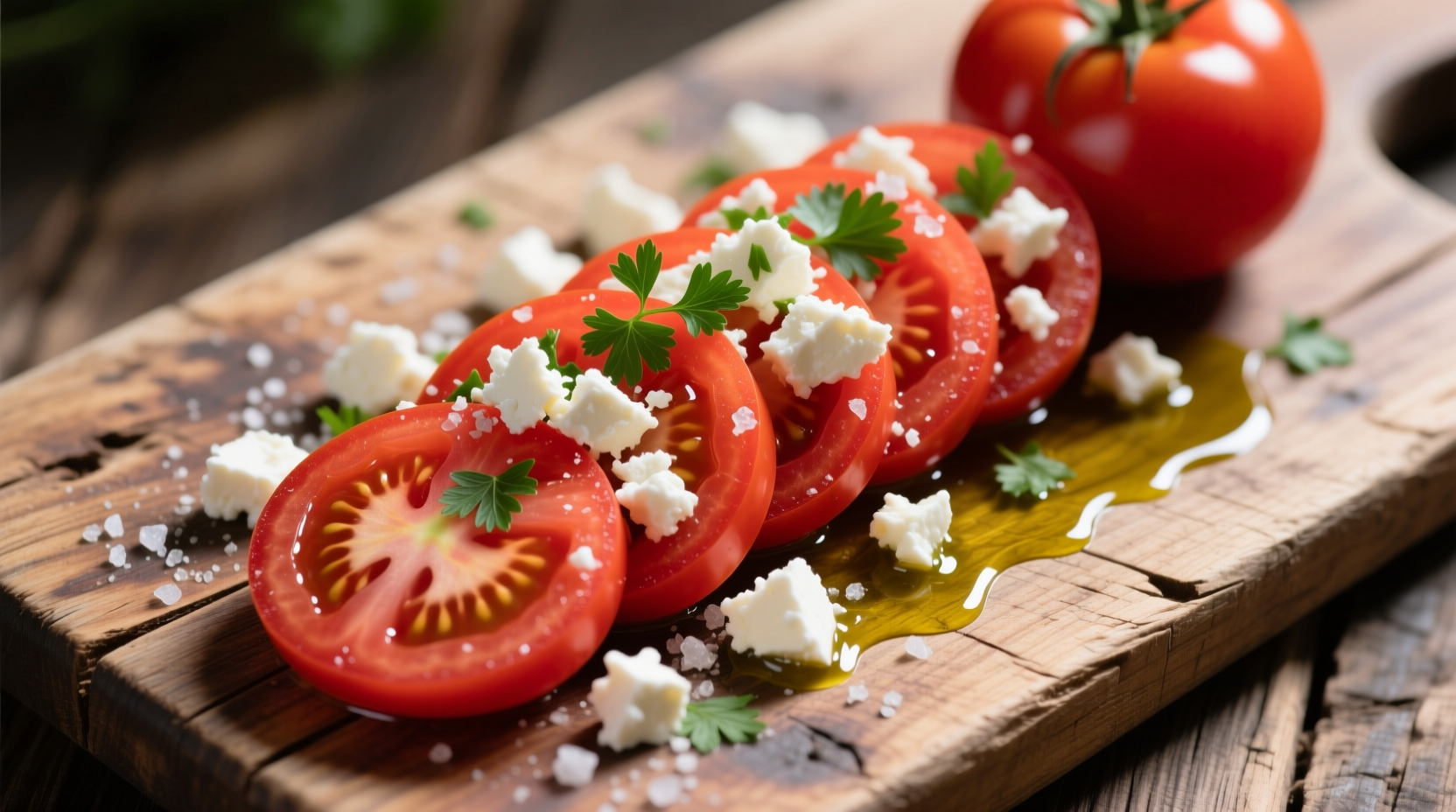 Fresh tomatoes and feta cheese on wooden board
