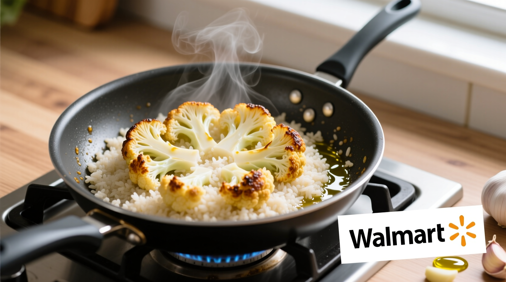 Walmart cauliflower rice cooking in skillet