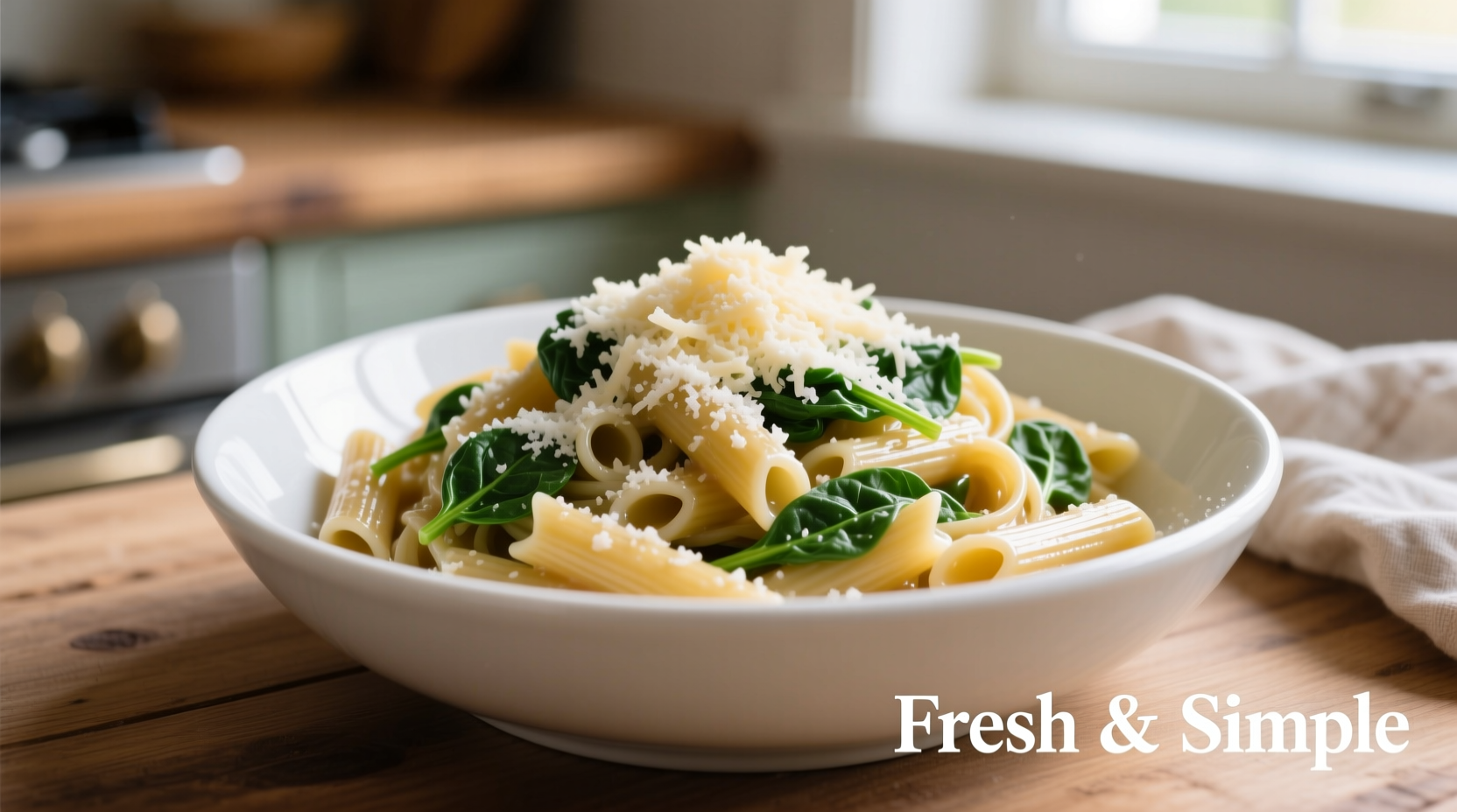 Creamy spinach pasta in white bowl with parmesan