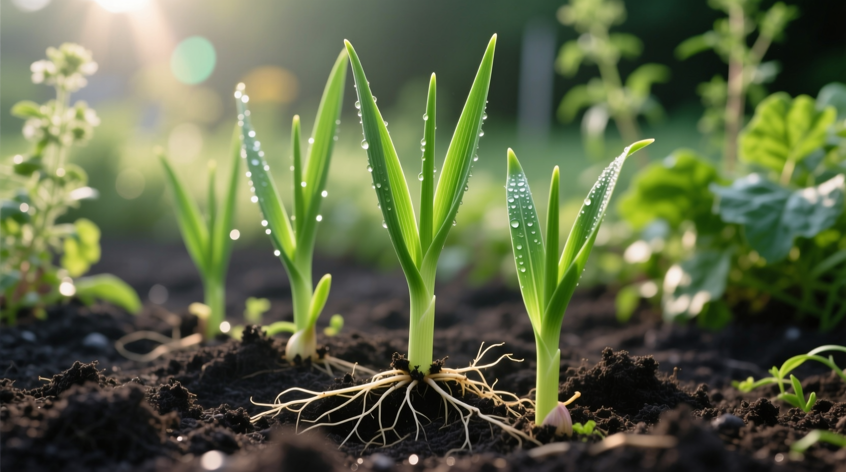 Garlic plants growing in garden soil with green shoots