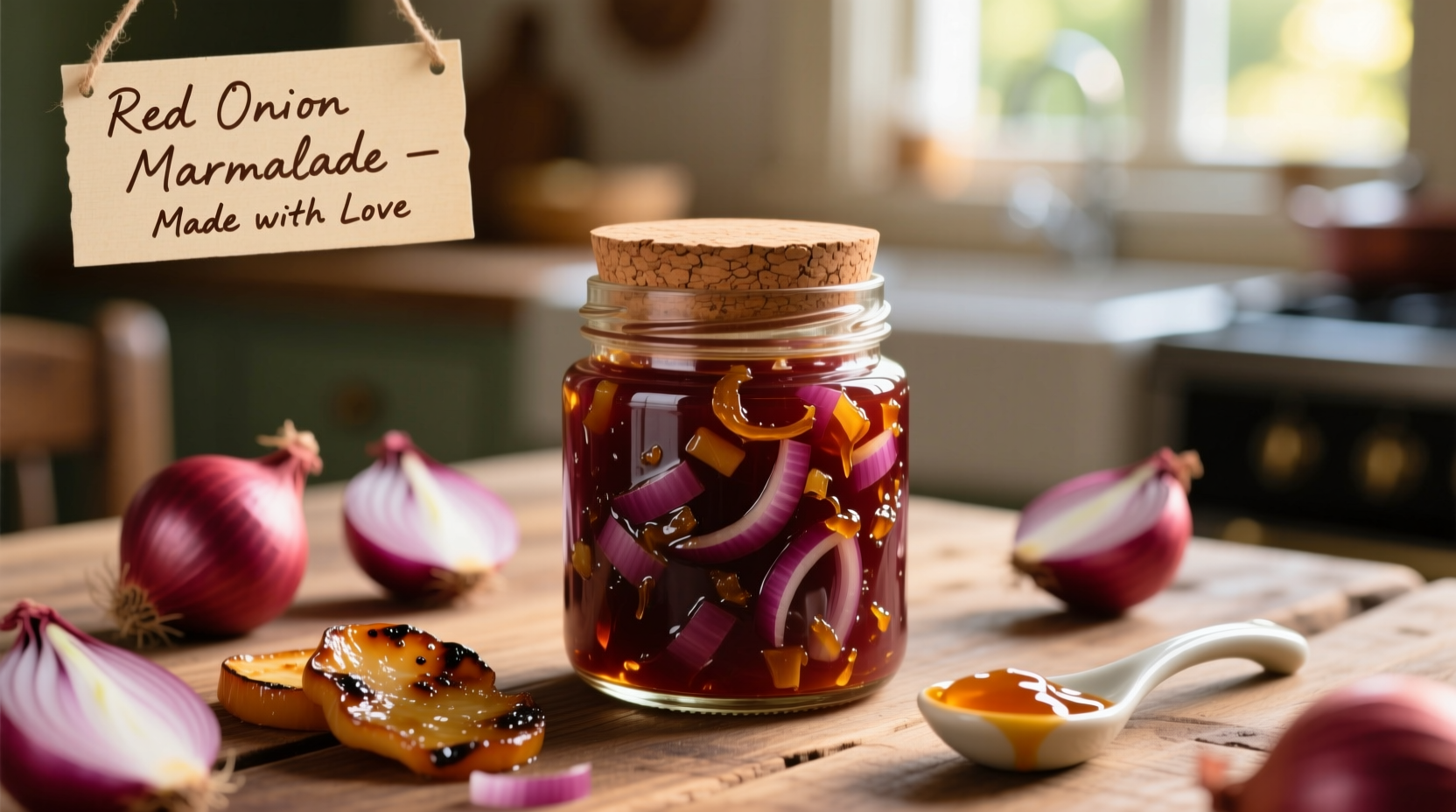 Homemade red onion marmalade in glass jar