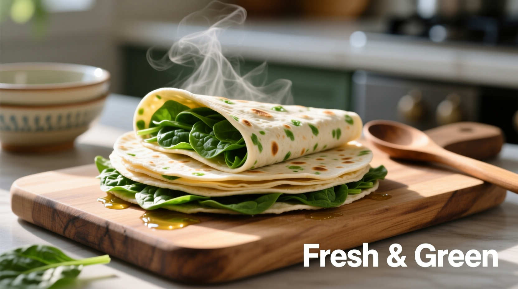Fresh spinach tortillas on wooden cutting board