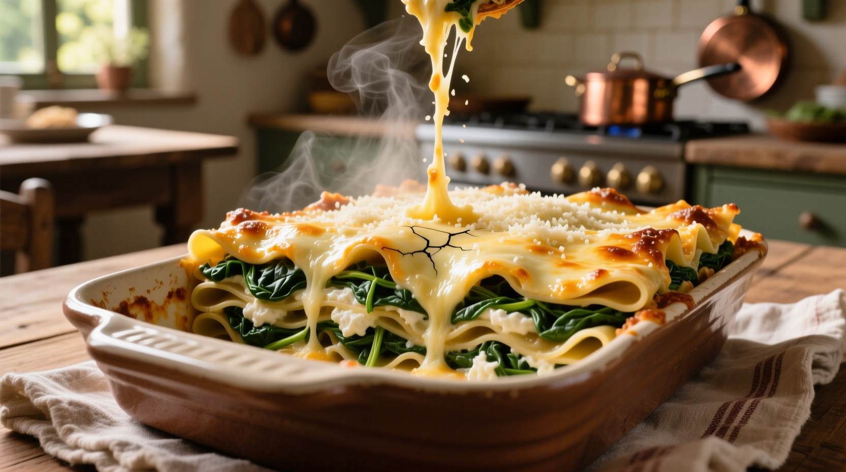 Layered spinach lasagna with melted cheese