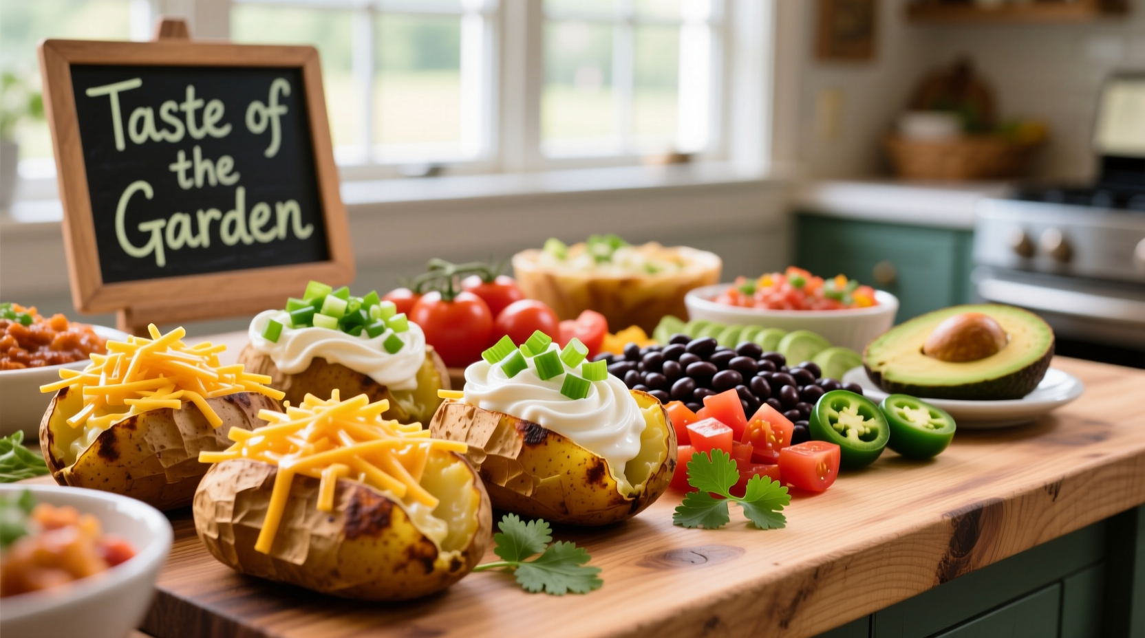 Colorful baked potato bar with various toppings arranged