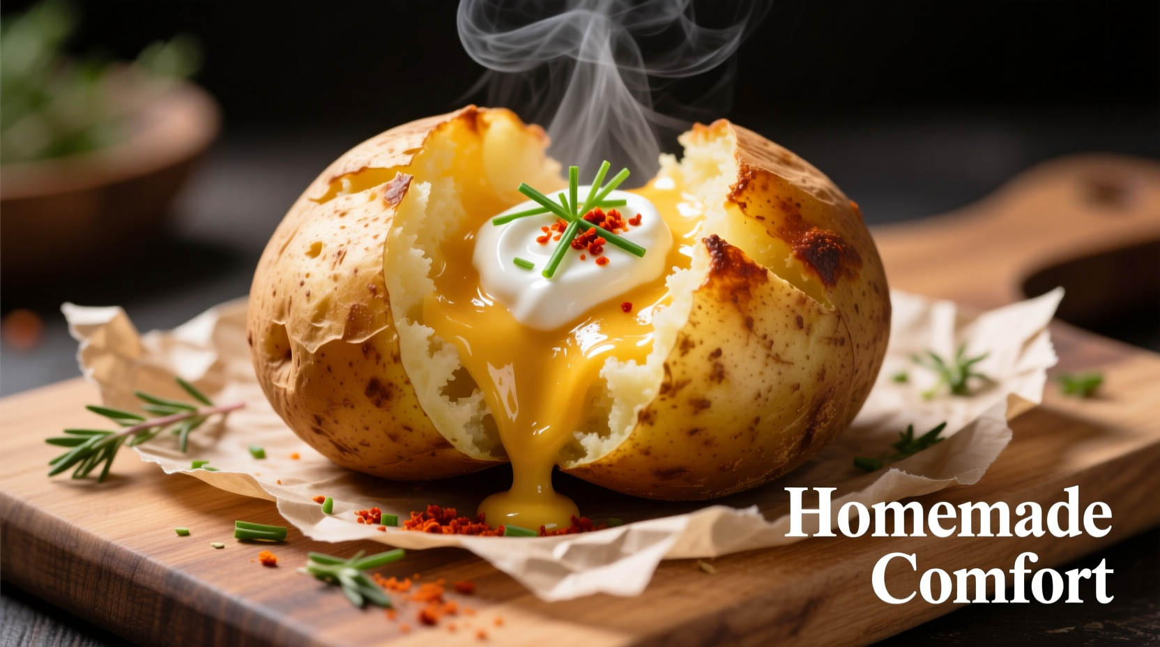 Freshly baked potato with melted cheese and sour cream showing steam escaping