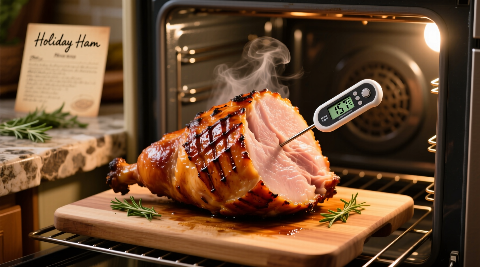 Fully cooked ham in oven with thermometer
