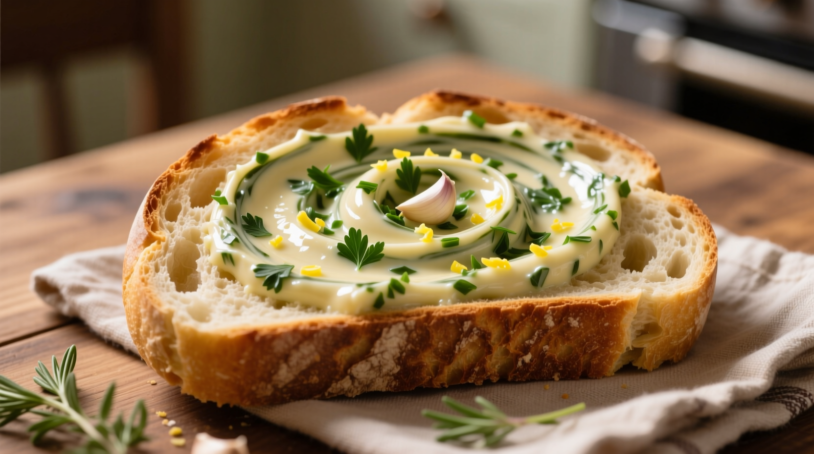 Homemade garlic herb butter swirl on fresh bread