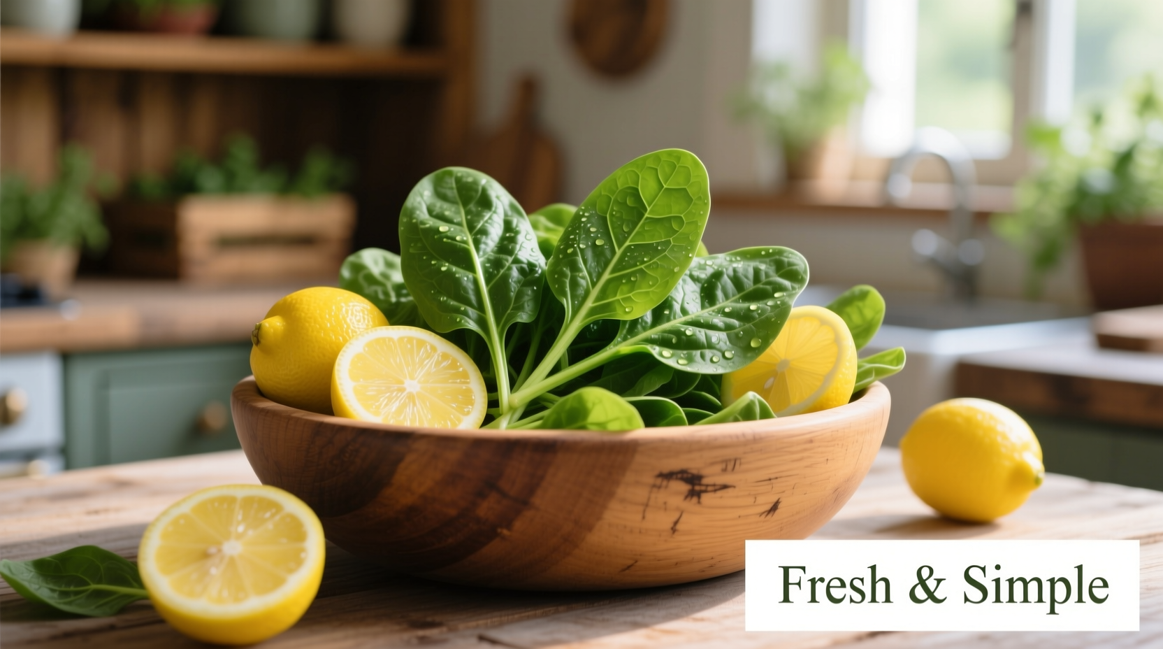 Fresh spinach leaves in a wooden bowl with lemon slices