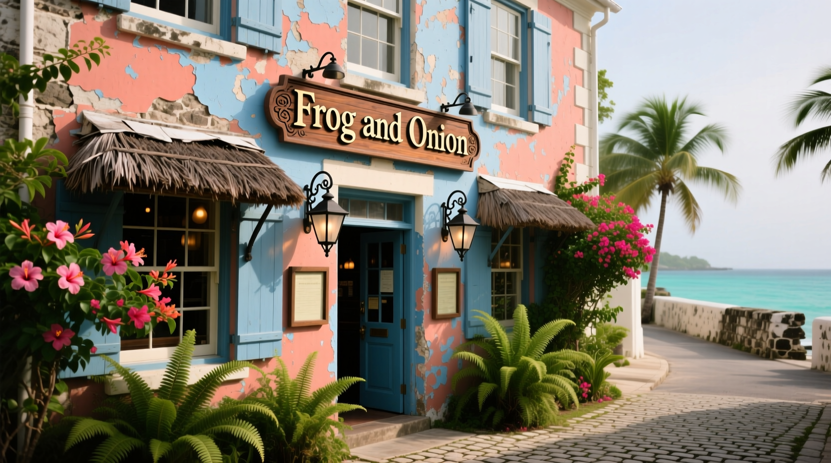 Historic exterior of Frog and Onion pub in Bermuda