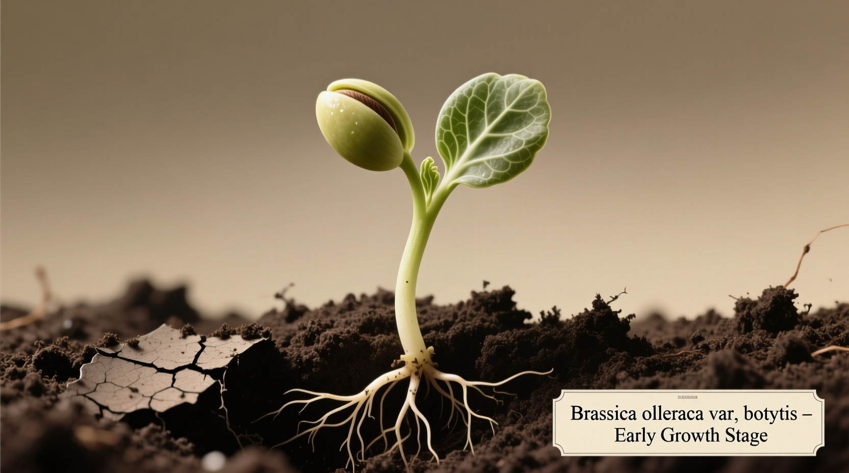 Cauliflower seedling emerging from soil with first true leaves
