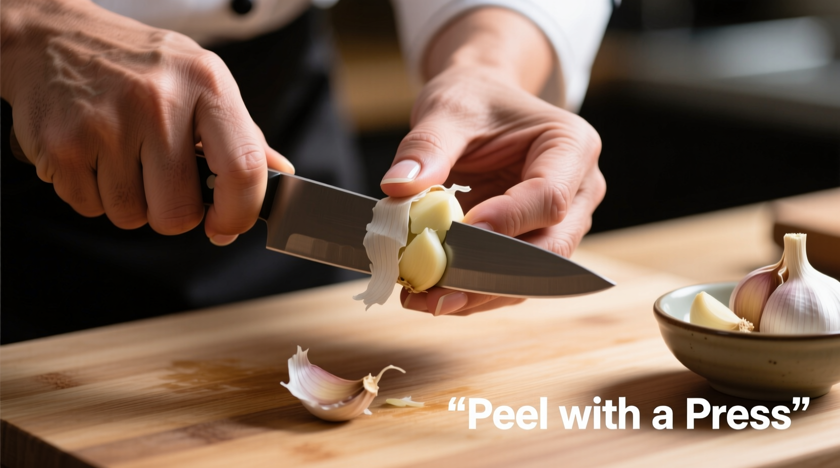 Chef's hands demonstrating garlic peeling technique