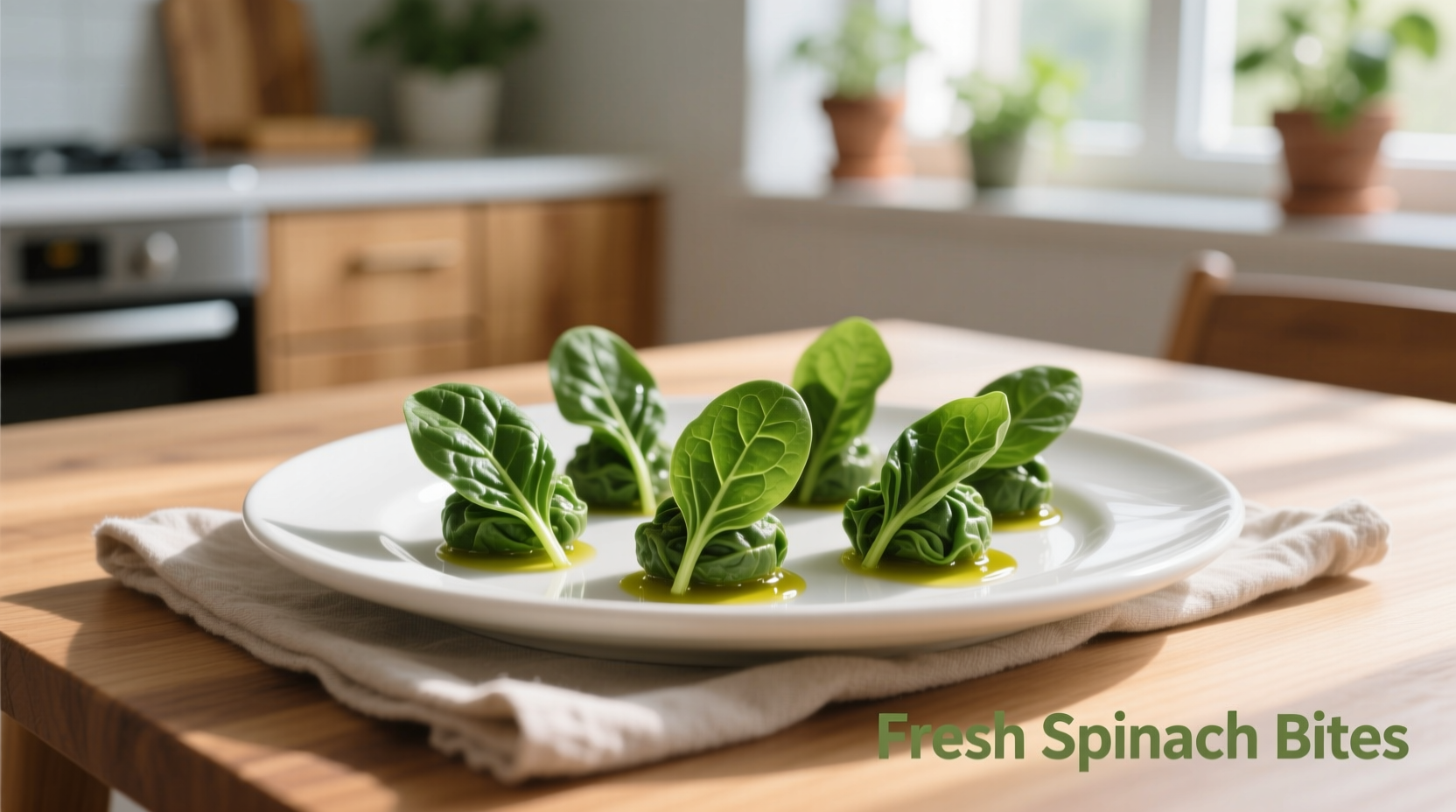 Fresh spinach bites on white ceramic plate
