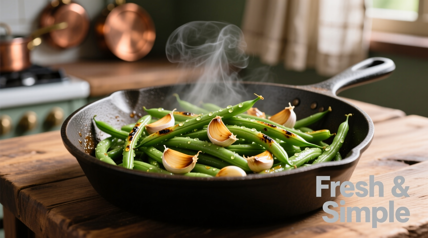 Crisp green beans with golden garlic in skillet