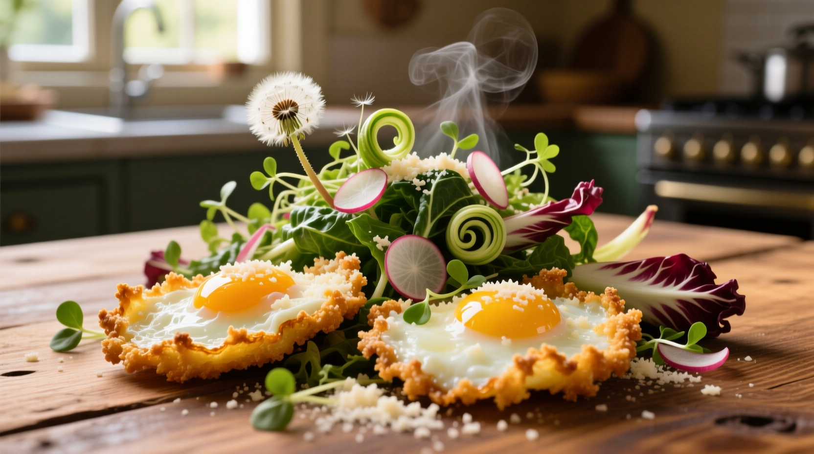 parmesan fried eggs bitter greens