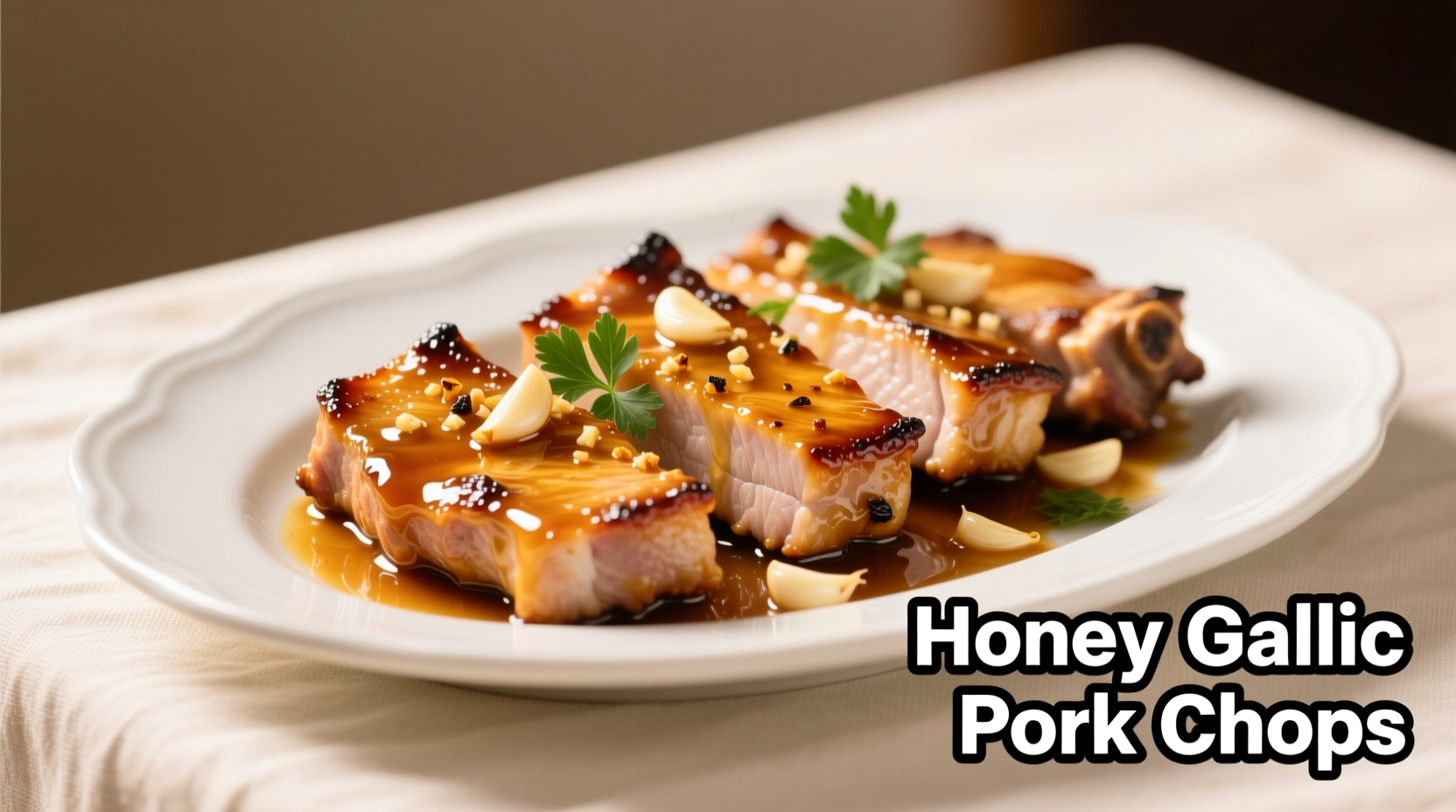 Golden garlic honey pork chops on white plate