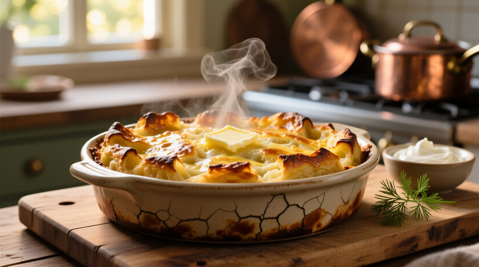 Golden brown potato kugel fresh from the oven