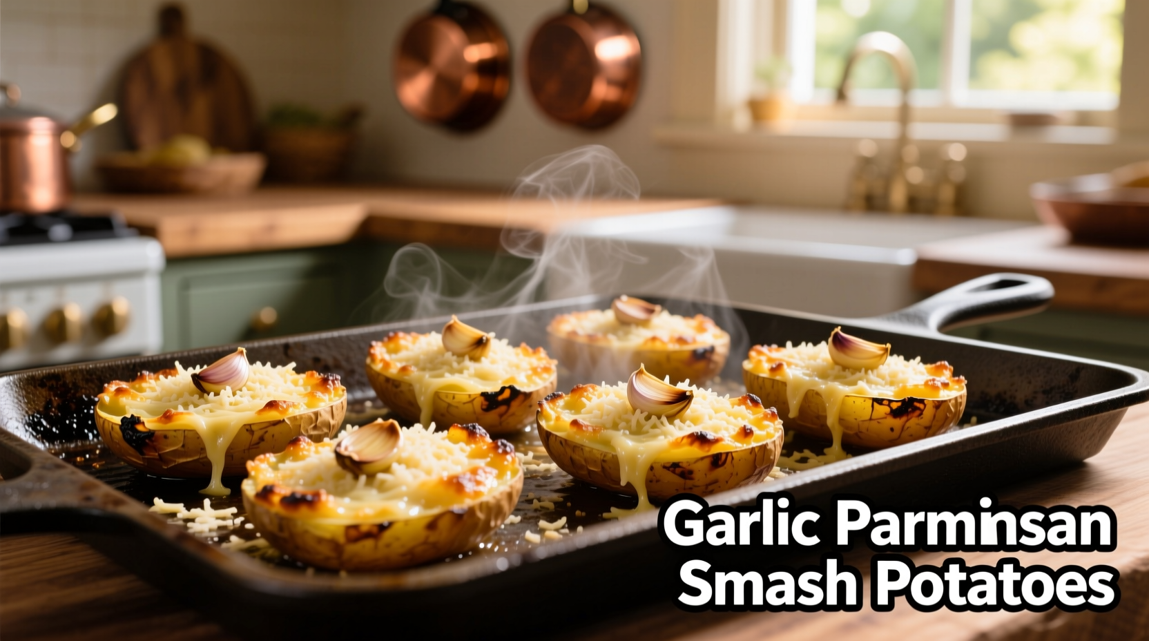 Golden smashed garlic parmesan potatoes on baking sheet