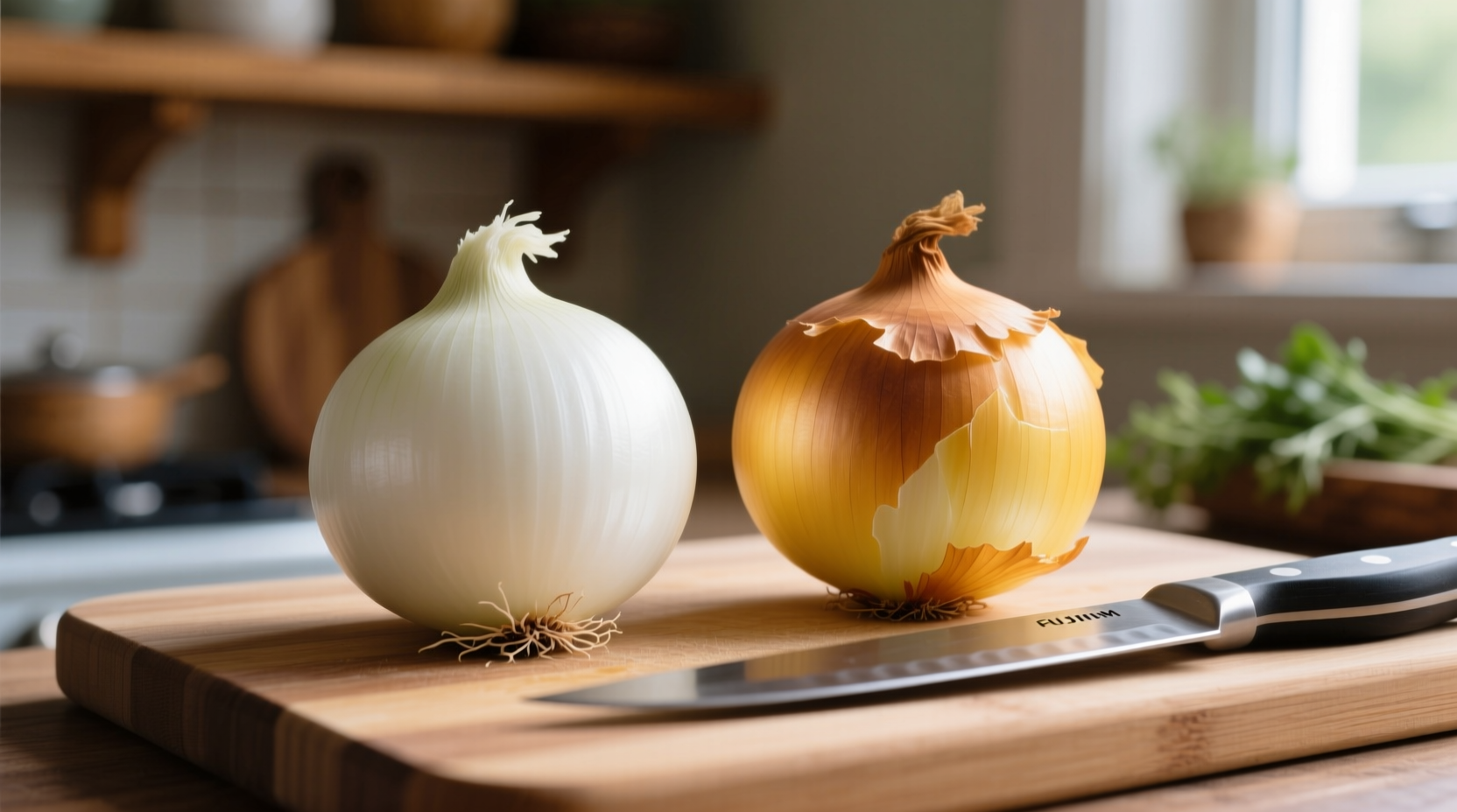 White and yellow onions side by side on cutting board