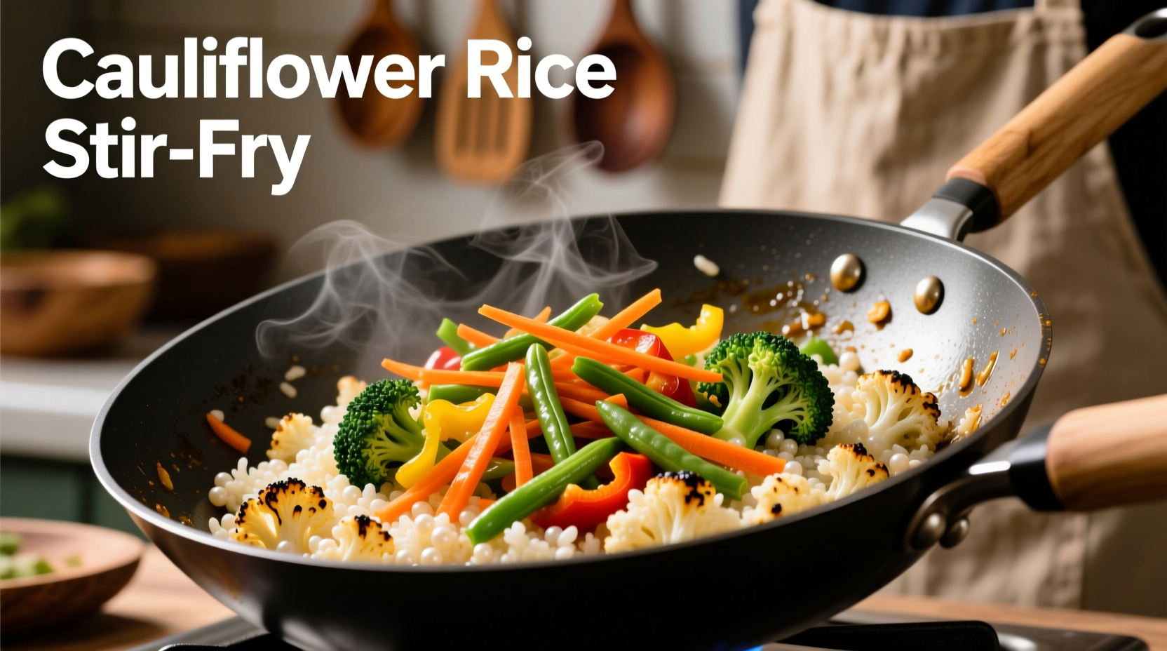 Cauliflower rice in wok with vegetables