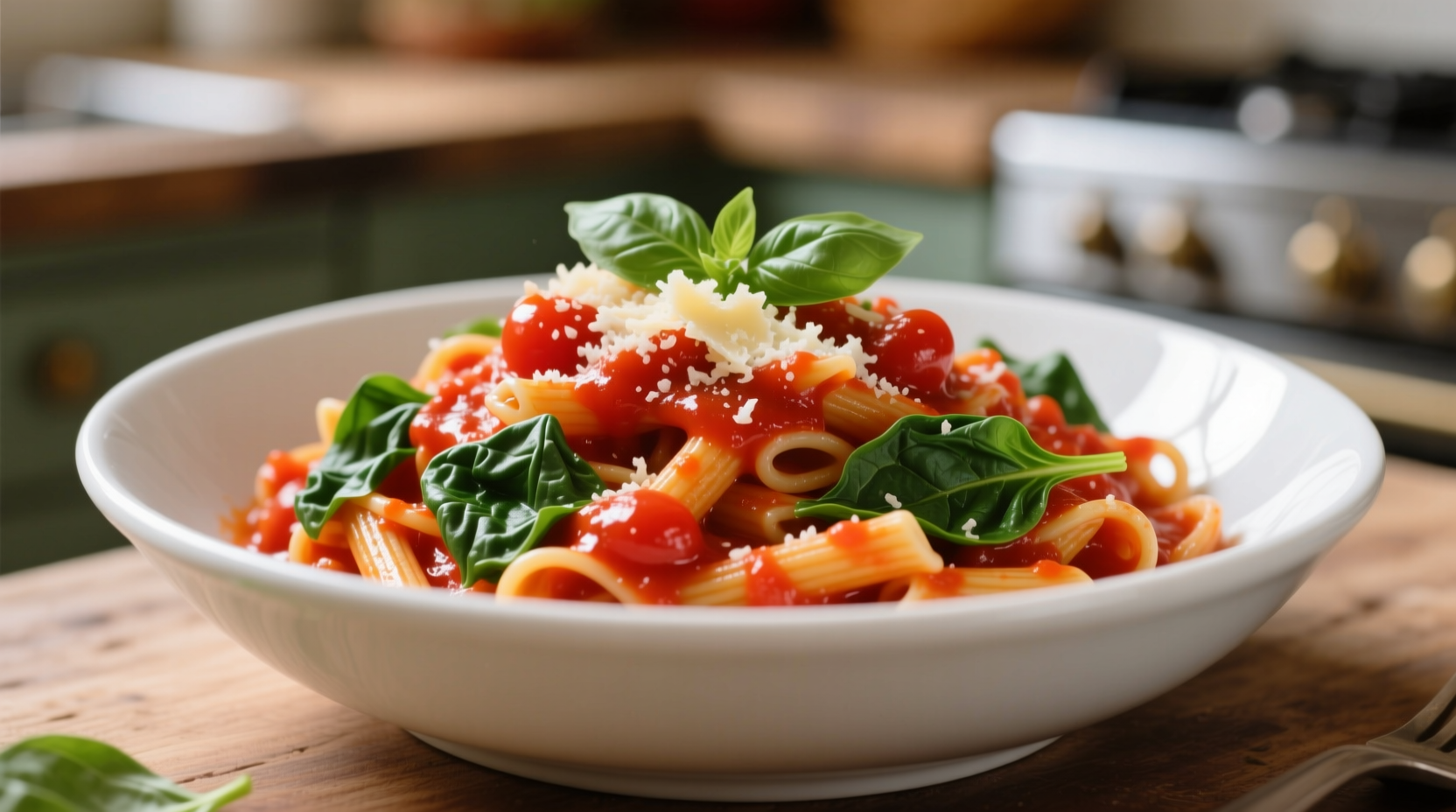 Vibrant tomato spinach pasta in white bowl