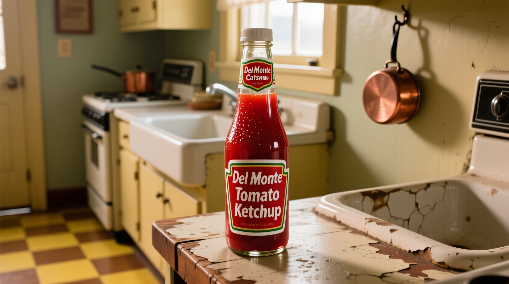 Del Monte Tomato Catsup bottle on kitchen counter