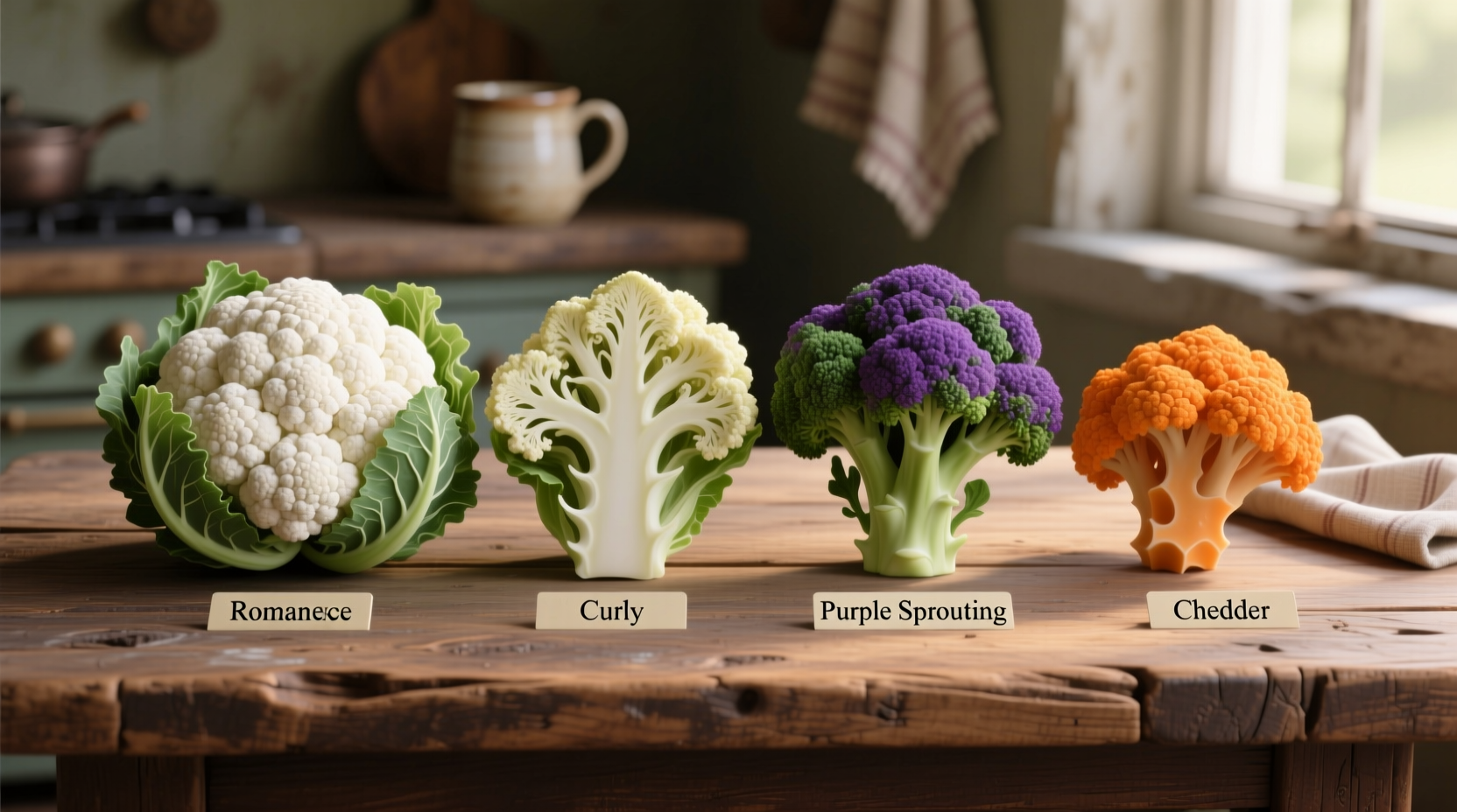 Four types of cauliflower varieties arranged on wooden table